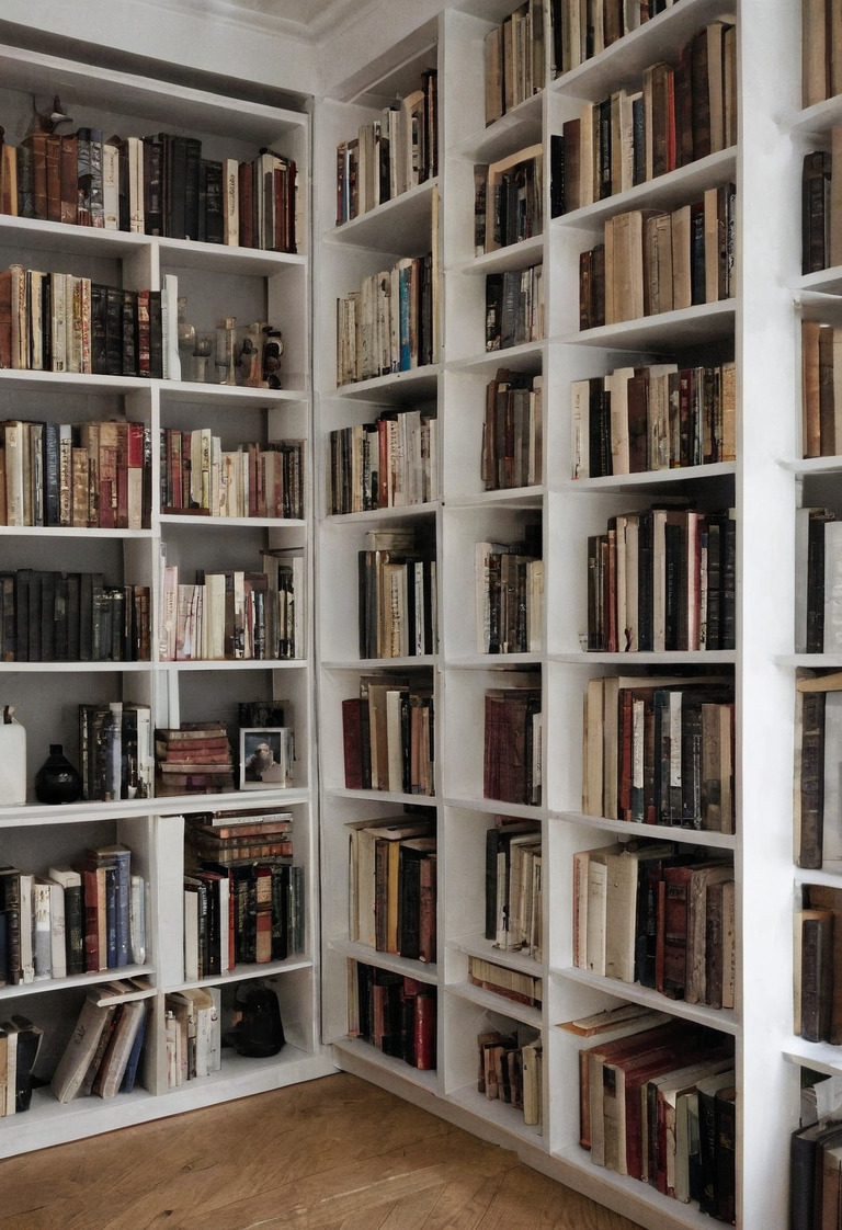 Сквозной стеллаж с книгами разделяет комнату, между верхней полкой и потолком остаётся зазор